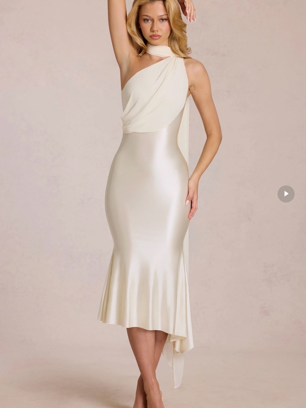 Oh Polly Cream One-Shoulder Satin Midi Dress